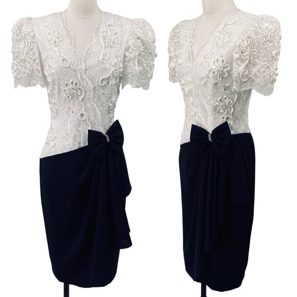Vintage Dresses & Skirts - Vintage 80s Lace Bodice Cocktail Dress Embellished Bow Puff Sleeve White Navy 6